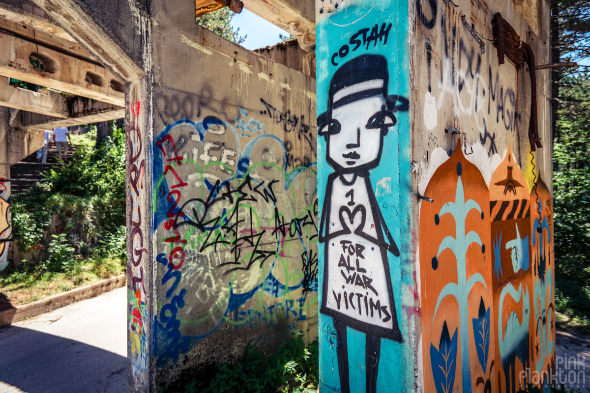 Street art on abandoned bobsled track in Sarajevo