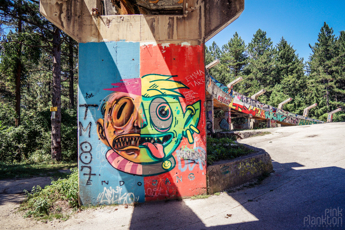 Street art on abandoned bobsled track in Sarajevo