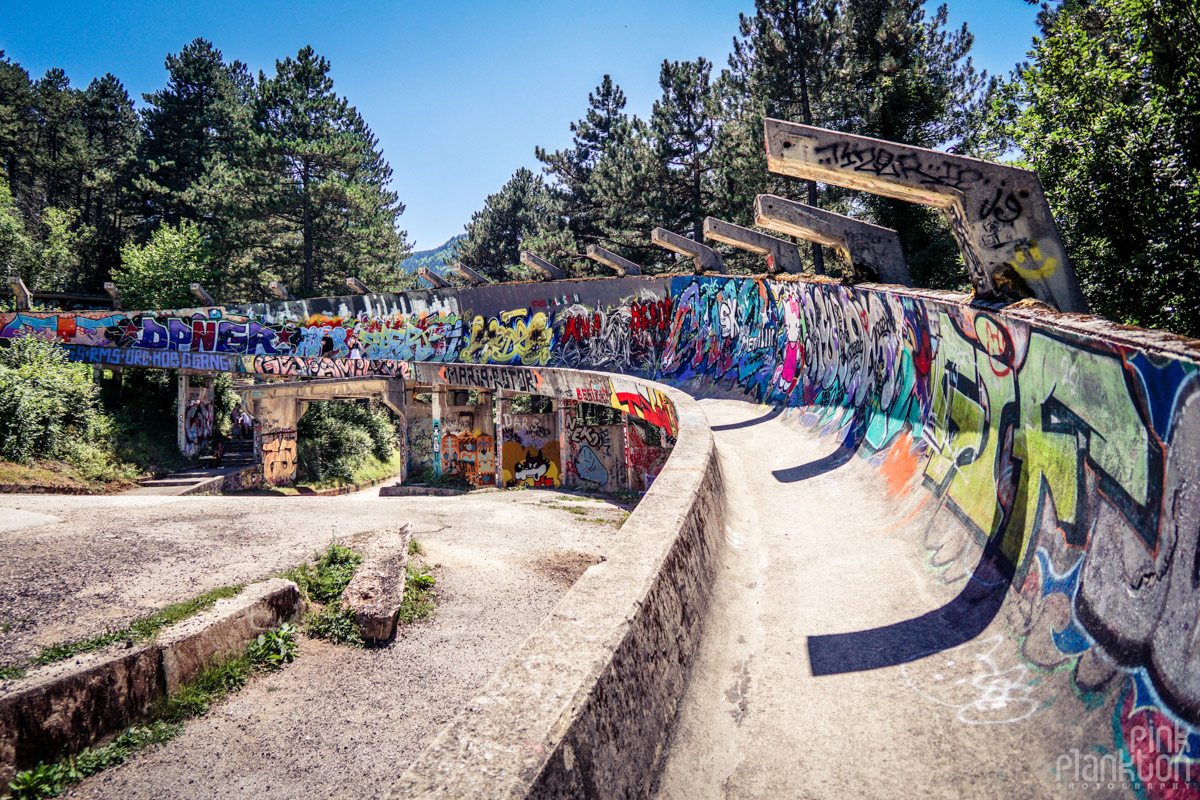 Graffiti on abandoned bobsled track in Sarajevo