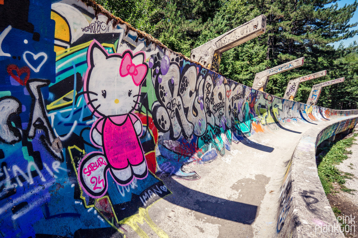 Hello Kitty street art on abandoned bobsled track in Sarajevo