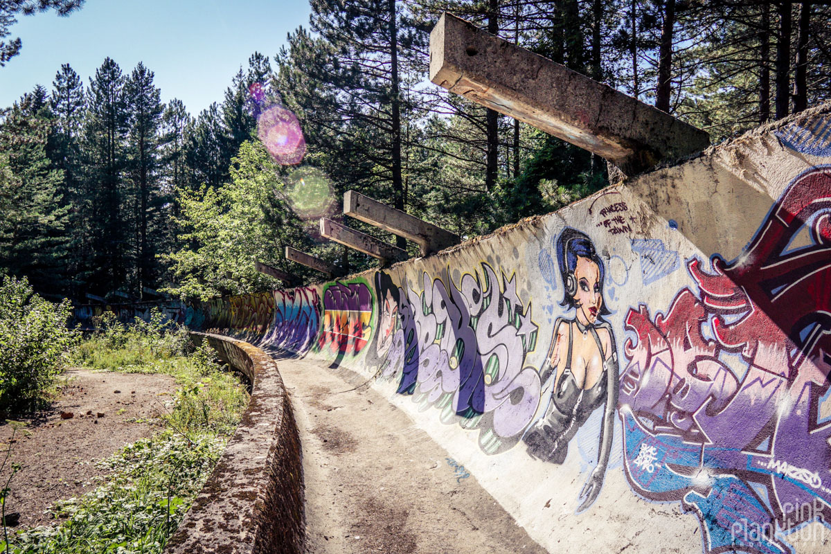 Street art on abandoned bobsled track in Sarajevo