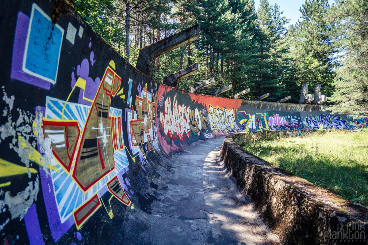 Street art on abandoned bobsled track in Sarajevo