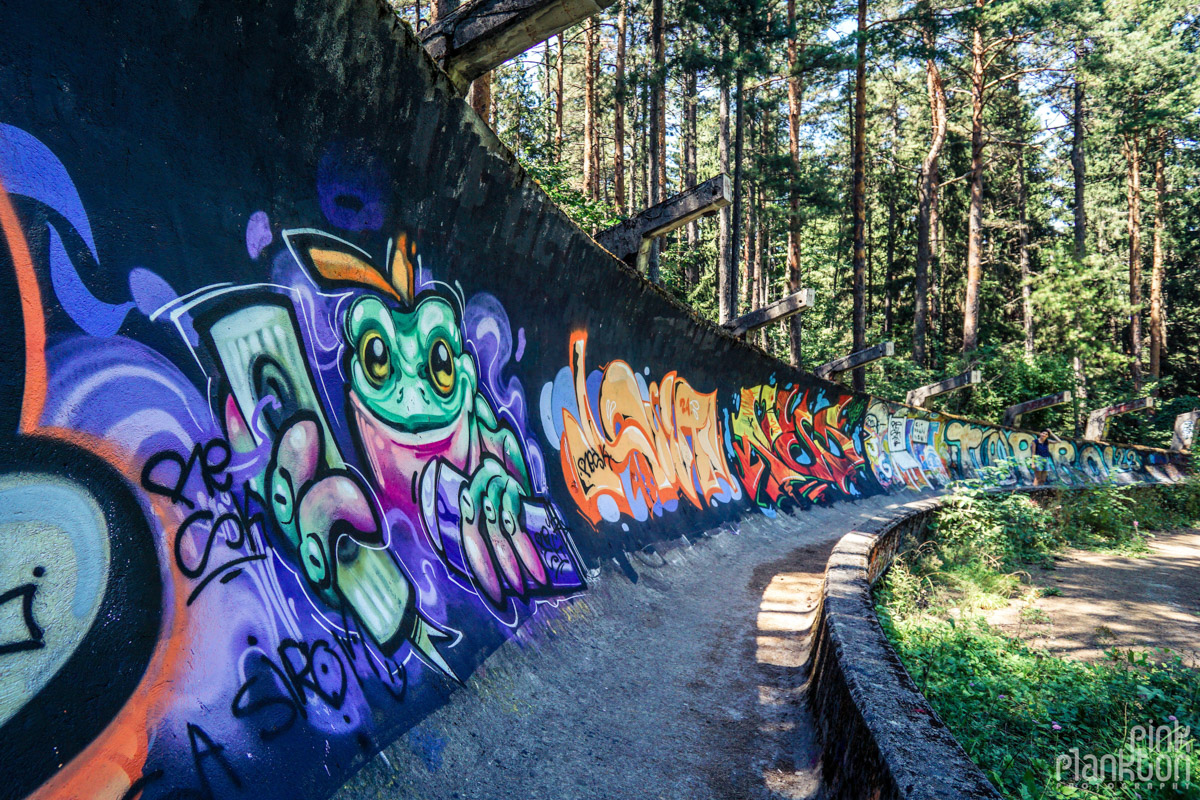 Street art on abandoned bobsled track in Sarajevo