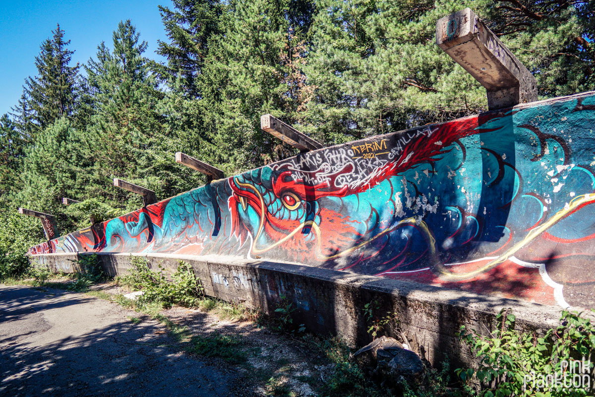 Dragon mural on abandoned bobsled track in Sarajevo