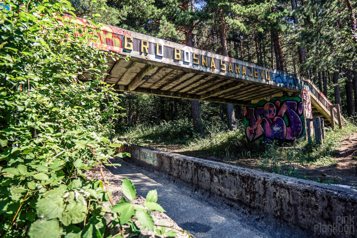 Finish line of abandoned bobsled track in Sarajevo