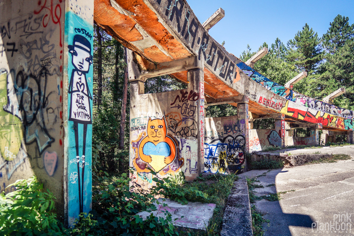 Street art on abandoned bobsled track in Sarajevo