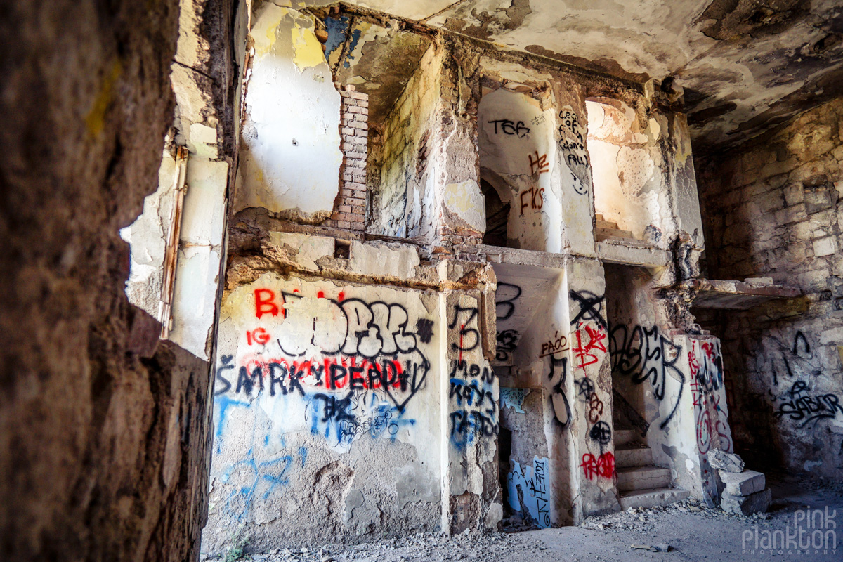 Graffiti on abandoned walls of Bistrik Tower in Sarajevo