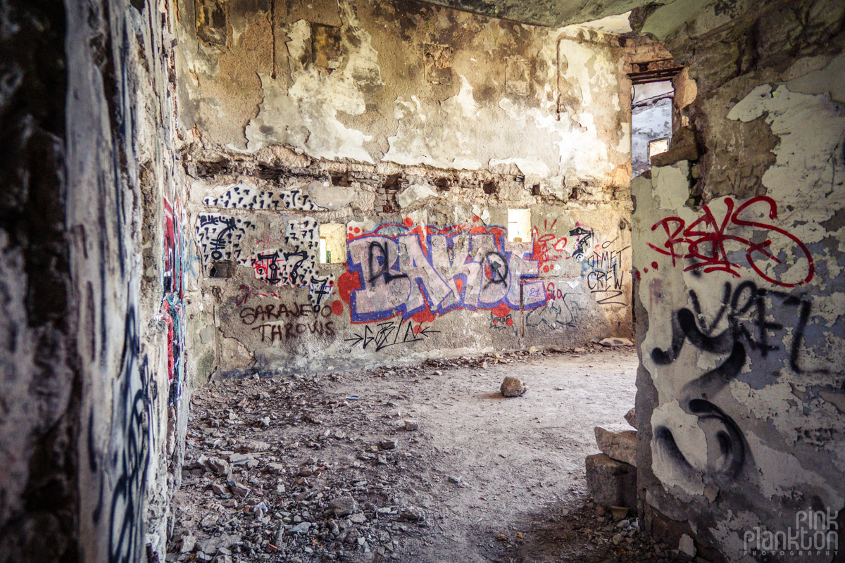 Graffiti on abandoned walls of Bistrik Tower in Sarajevo