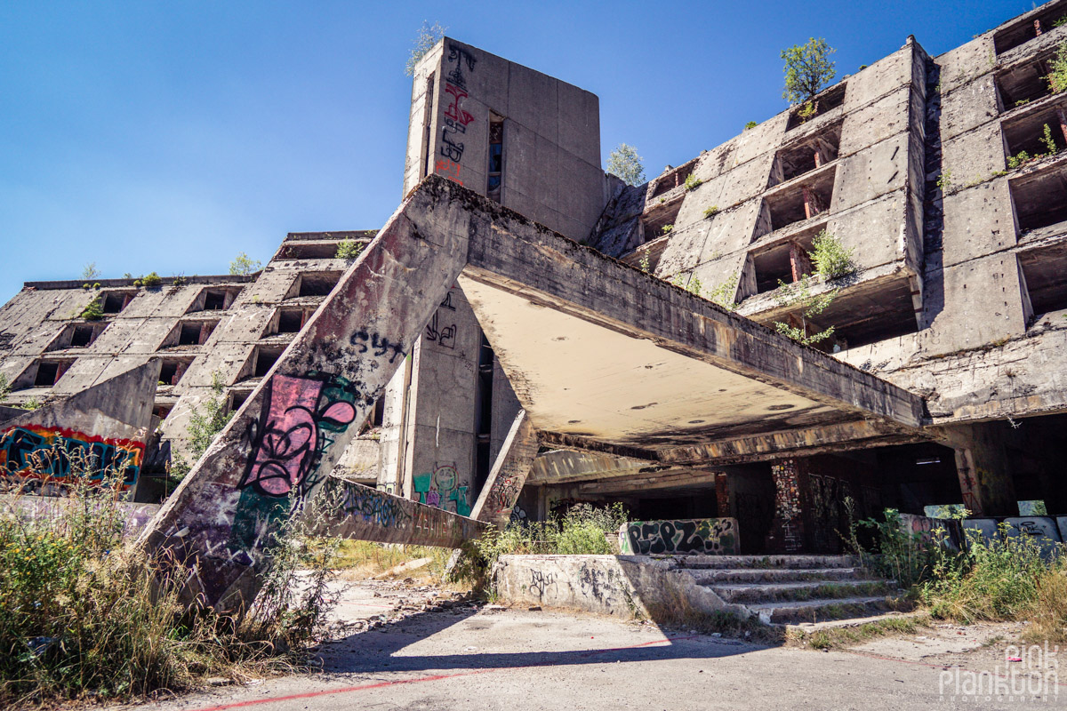 Exterior front entrance of abandoned Hotel Igman in Sarajevo