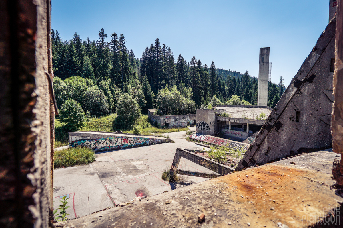 View out window of bandoned Hotel Igman in Sarajevo