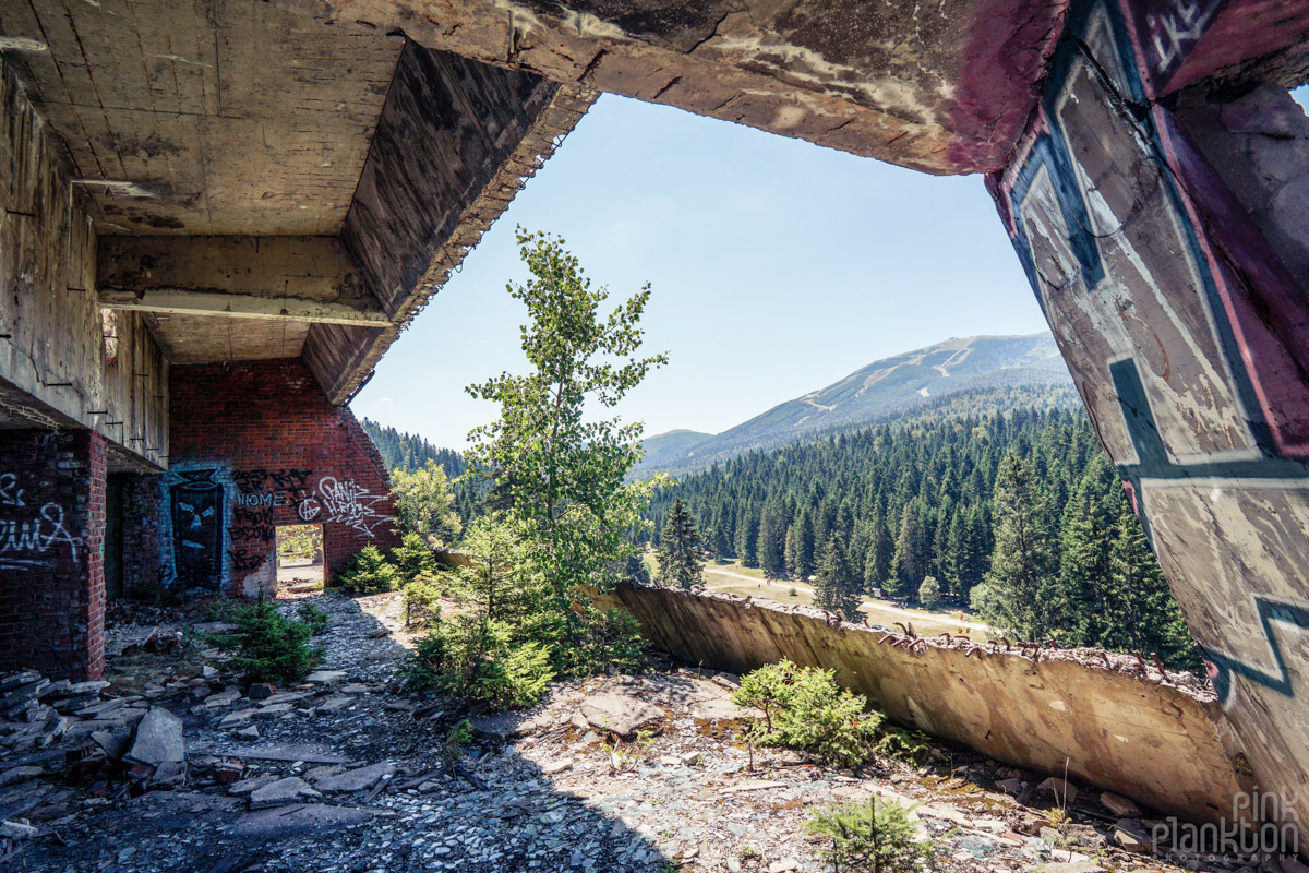 View of mountains from abandoned Hotel Igman in Sarajevo