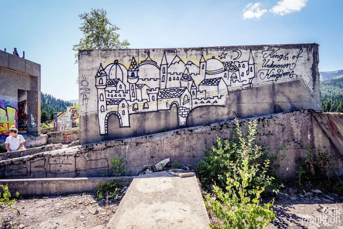 Street art piece on roof of abandoned Hotel Igman in Sarajevo