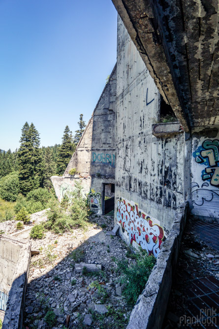 View out window of abandoned Hotel Igman in Sarajevo