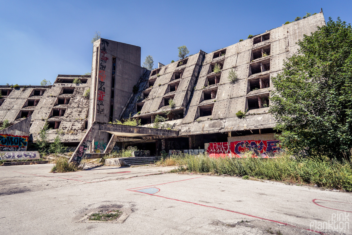 Exterior front entrance of abandoned Hotel Igman in Sarajevo