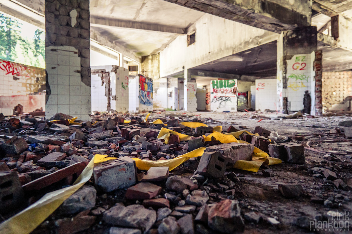 Broken walls and bricks in abandoned Hotel Igman in Sarajevo