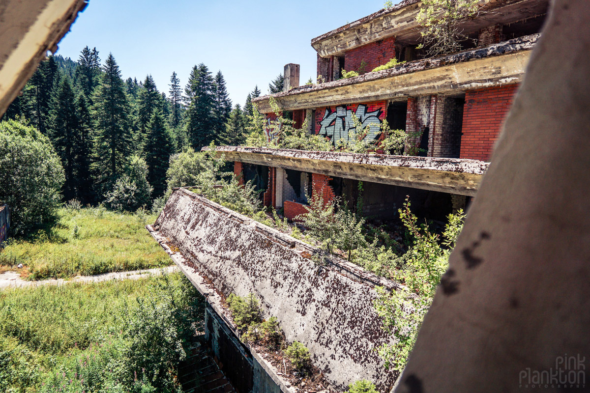 View out window of abandoned Hotel Igman in Sarajevo