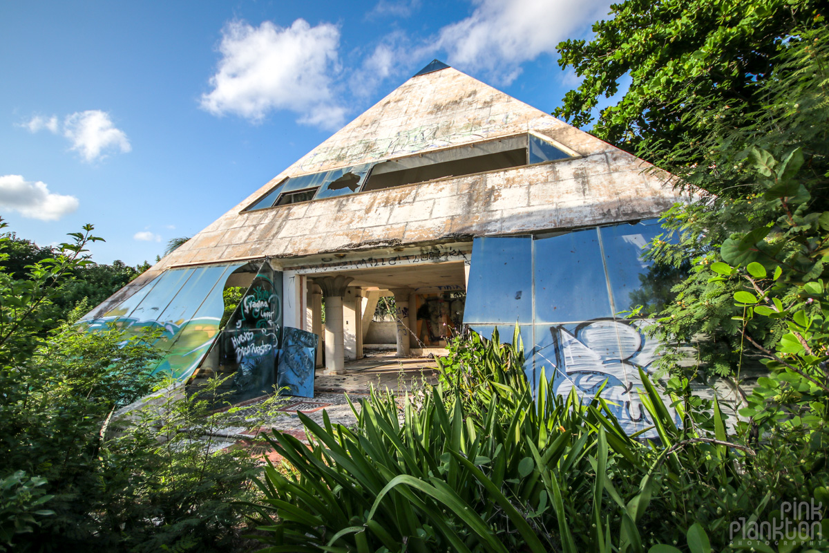 exterior of abandoned pyramid mansion in Playa del Carmen Mexico
