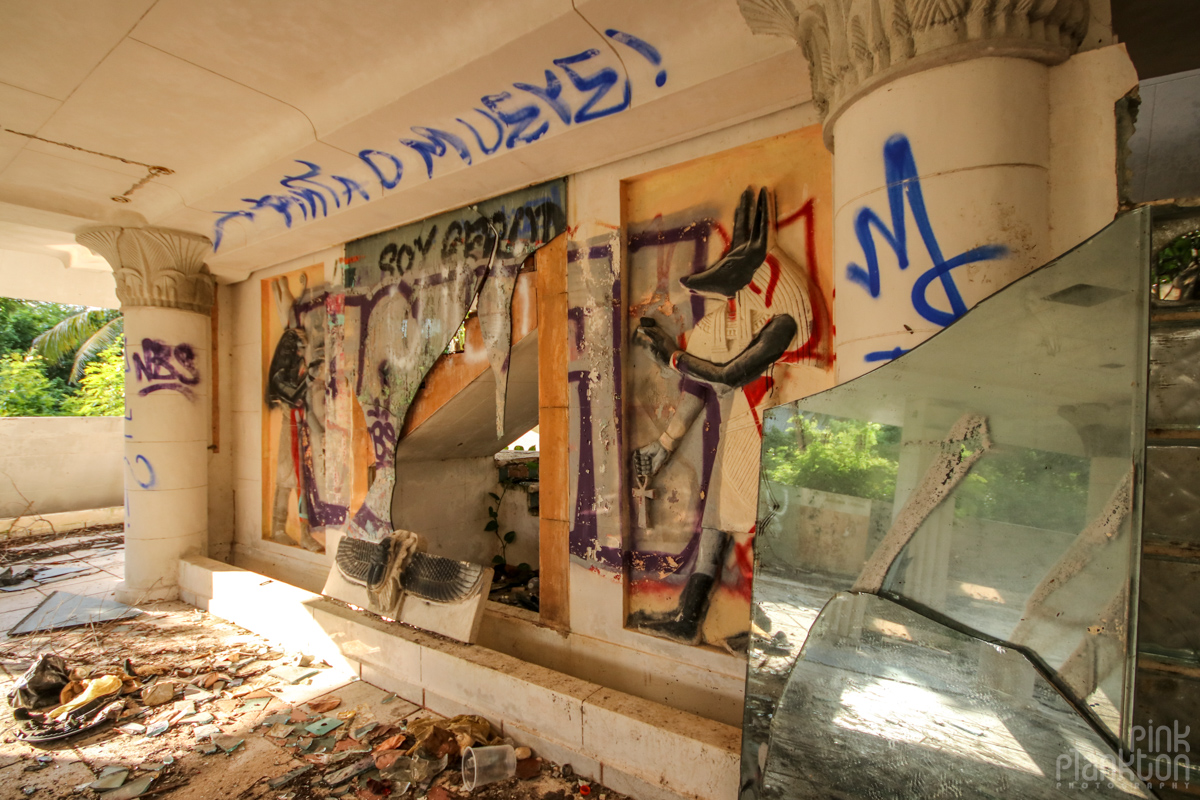 Egyptian artwork inside abandoned pyramid mansion in Playa del Carmen Mexico