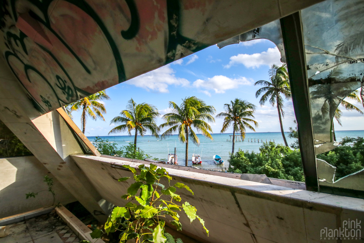 view of beach from abandoned pyramid mansion in Playa del Carmen Mexico